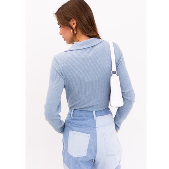 Fall Baby Blue Brushed Bodysuit with Collar Long Sleeve Tops Casual Basics - Picture 4 of 5